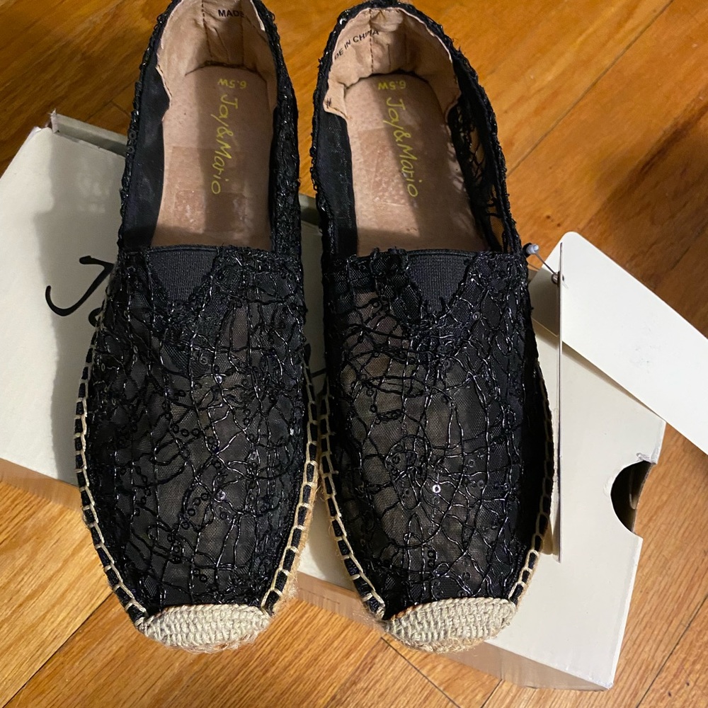 NWT Joy & Mario Women’s Black Shiny Mesh Casual Espadrilles